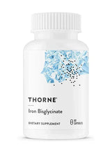 Iron bisglycinate dietary supplement bottle with white cap and front label