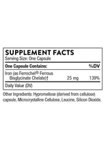 Supplement facts panel: one capsule contains iron bisglycinate 25 mg