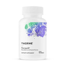 THORNE Ferrasorb supplement bottle with blue-green splash label, 60 capsules