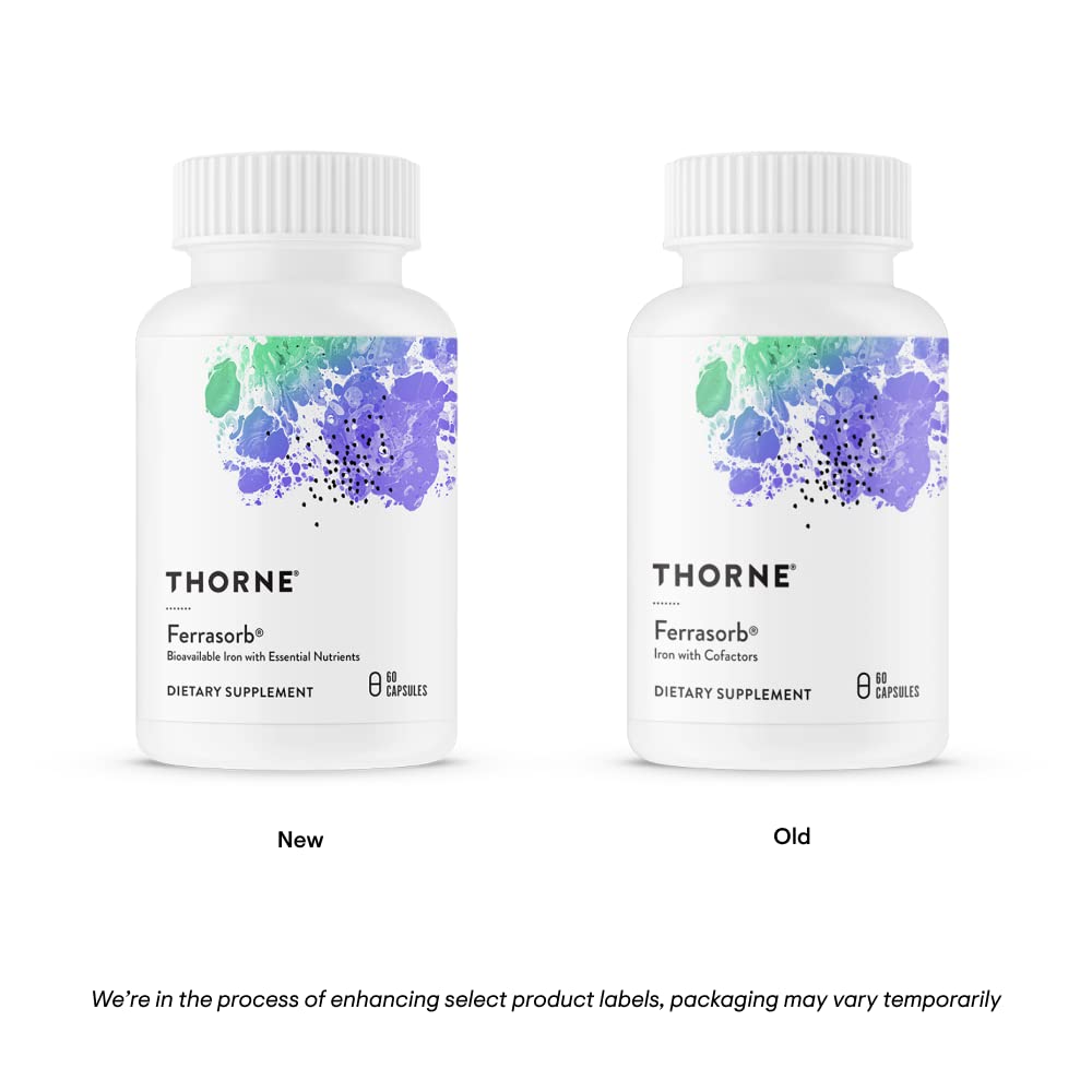 THORNE Ferrasorb two supplement bottles showing new and old packaging iron supplement for anemia