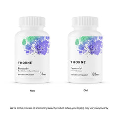 THORNE Ferrasorb two supplement bottles showing new and old packaging iron supplement for anemia