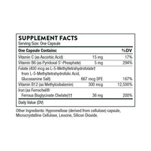 Supplement Facts label for iron, folate, vitamin B12 and vitamin C