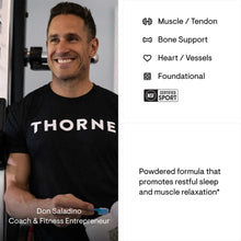 Coach in THORNE shirt with support icons: Muscle/Tendon, Bone Support, Heart/Vessels, NSF Certified Sport