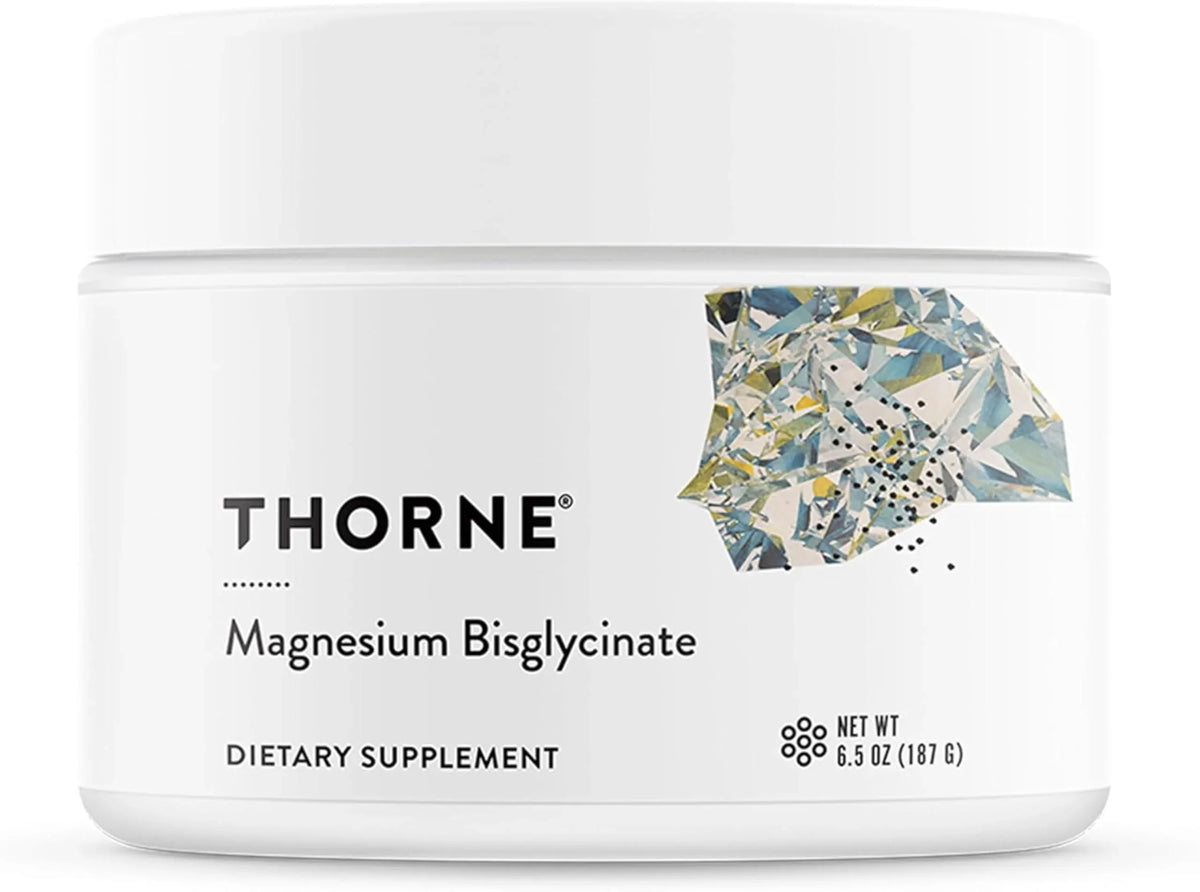 THORNE Magnesium Bisglycinate Powder Supplement in a white container for dietary support