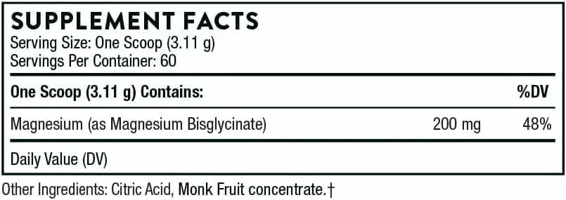 THORNE Magnesium Bisglycinate powder supplement facts showing serving size and nutrition information