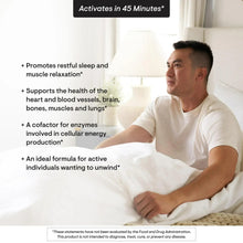 Magnesium glycinate supplement in bedding ad with man reclining and benefit bullets