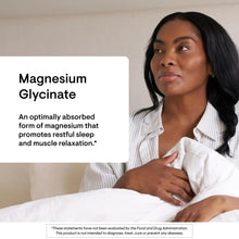 Magnesium glycinate sleep supplement ad with woman in bed holding chest