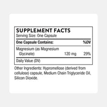 Supplement facts label for magnesium glycinate, 120 mg per capsule