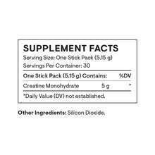 Supplement Facts panel listing creatine monohydrate 5 g per stick pack