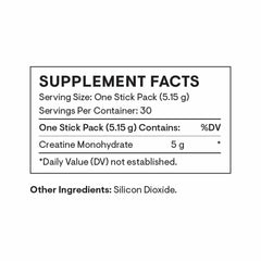 Supplement facts for THORNE micronized creatine monohydrate powder in stick pack format for easy use