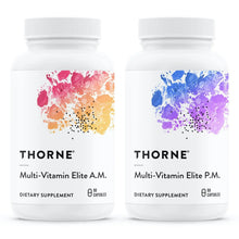 THORNE multi-vitamin supplement bottles with white caps, AM and PM labels