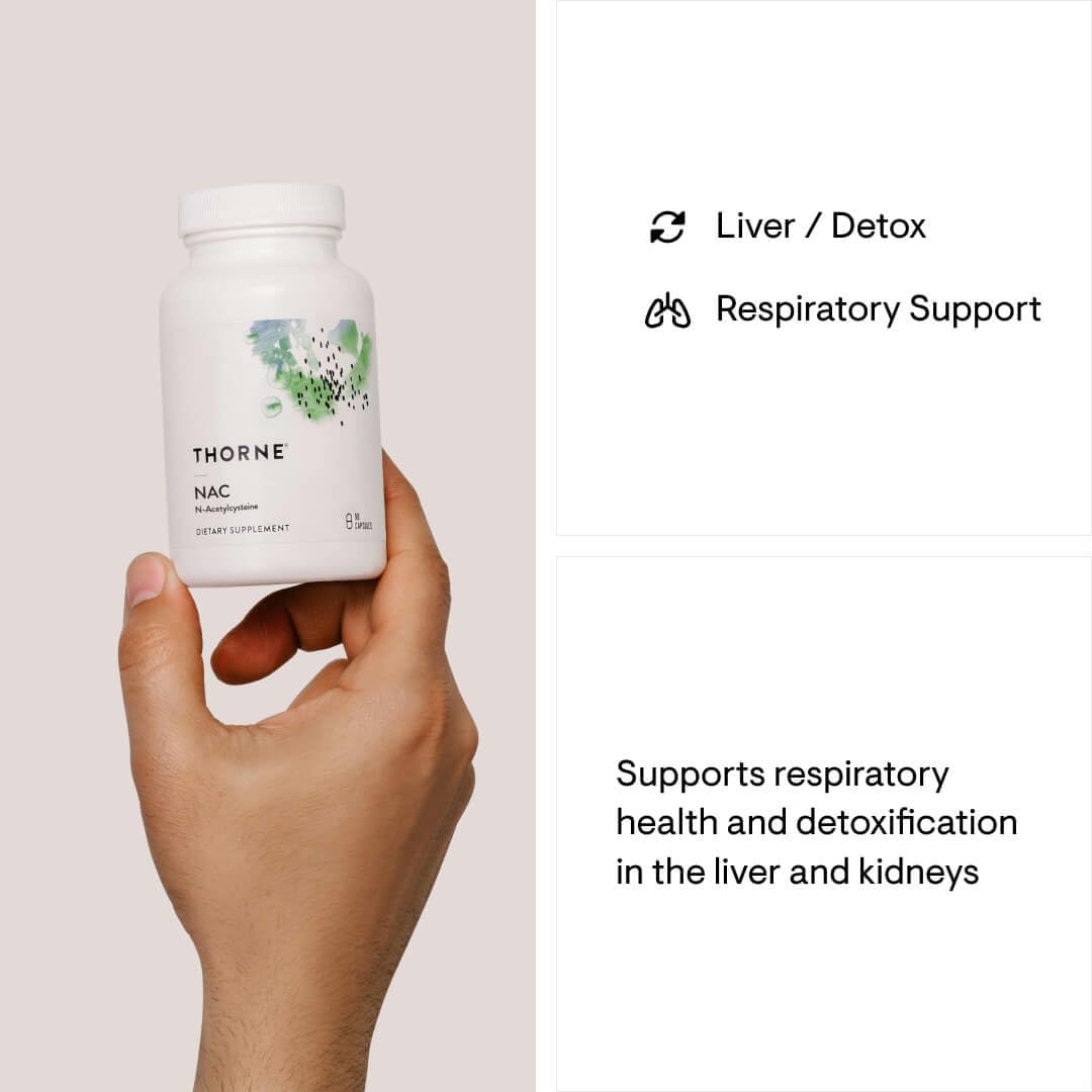 Thorne NAC supplement 500mg bottle held in hand showing liver detox and respiratory support benefits