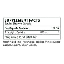 Supplement Facts label for one capsule with 500 mg N-Acetyl-L-Cysteine