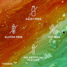 Supplement label badges: Dairy free, Gluten free, Soy free, No artificial flavors