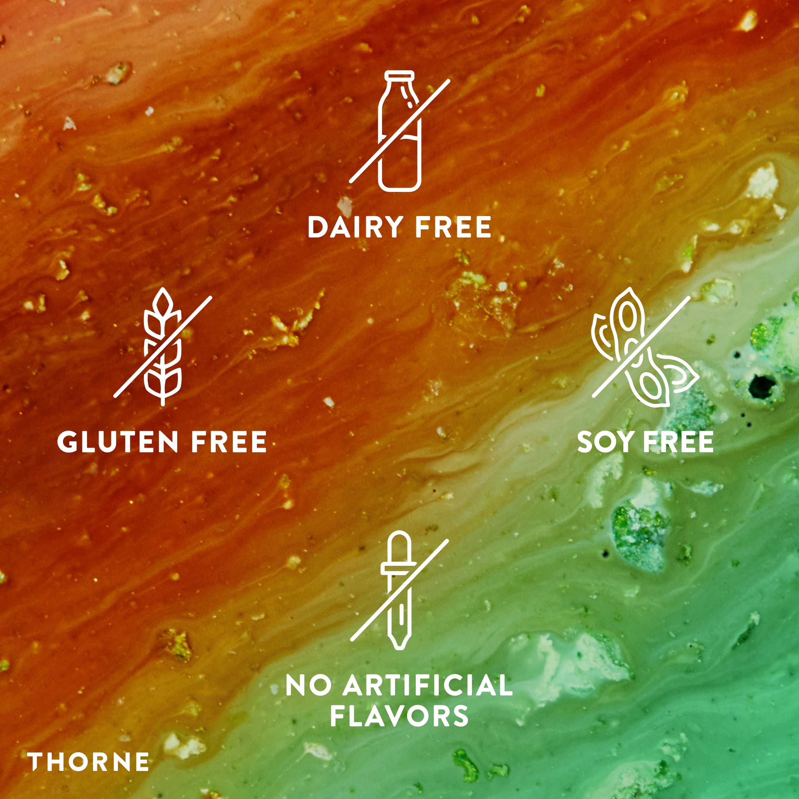 THORNE Omega-3 with CoQ10 supplement image showing dairy free gluten free soy free and no artificial flavors icons