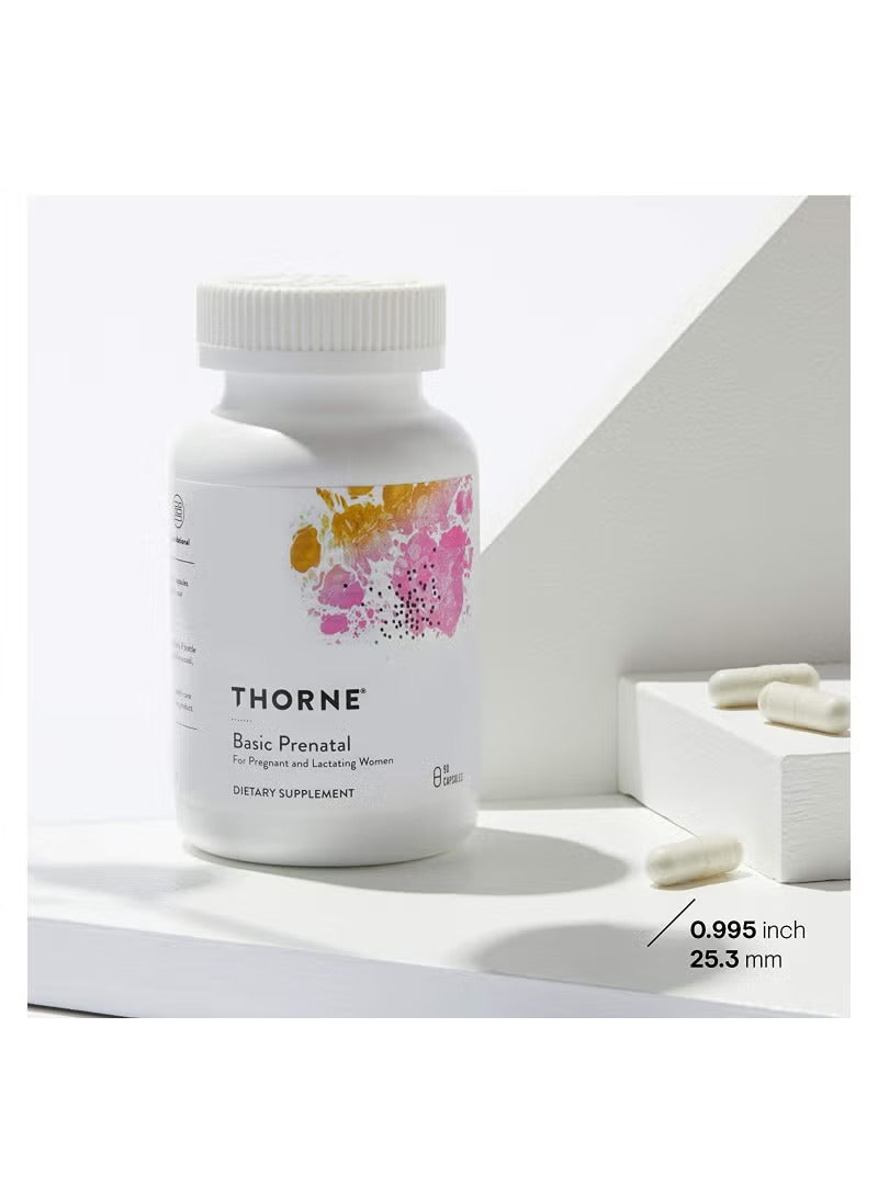 Thorne Basic Prenatal Multivitamin for Pregnant Women in a white bottle with colorful label design