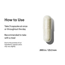 White supplement capsule with size .995 in (25.3 mm) shown alongside how-to-use text