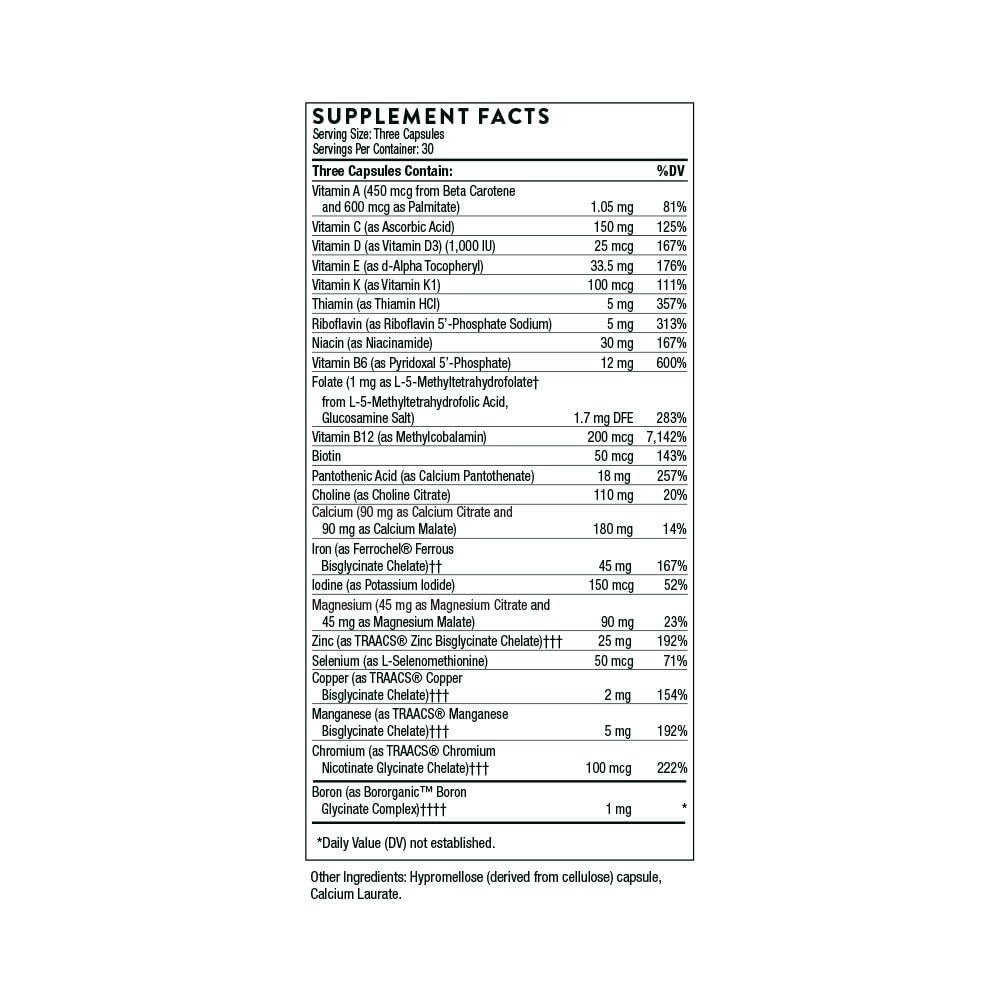 Thorne supplement facts label showing vitamin and mineral doses for prenatal vitamins for pregnant women