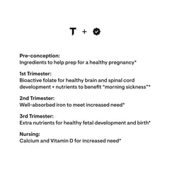 THORNE trimester nutrient guide showing preconception to nursing recommendations with prenatal vitamins for pregnant women