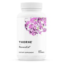 Dietary supplement bottle with THORNE ResveraCel label and purple splatter graphic