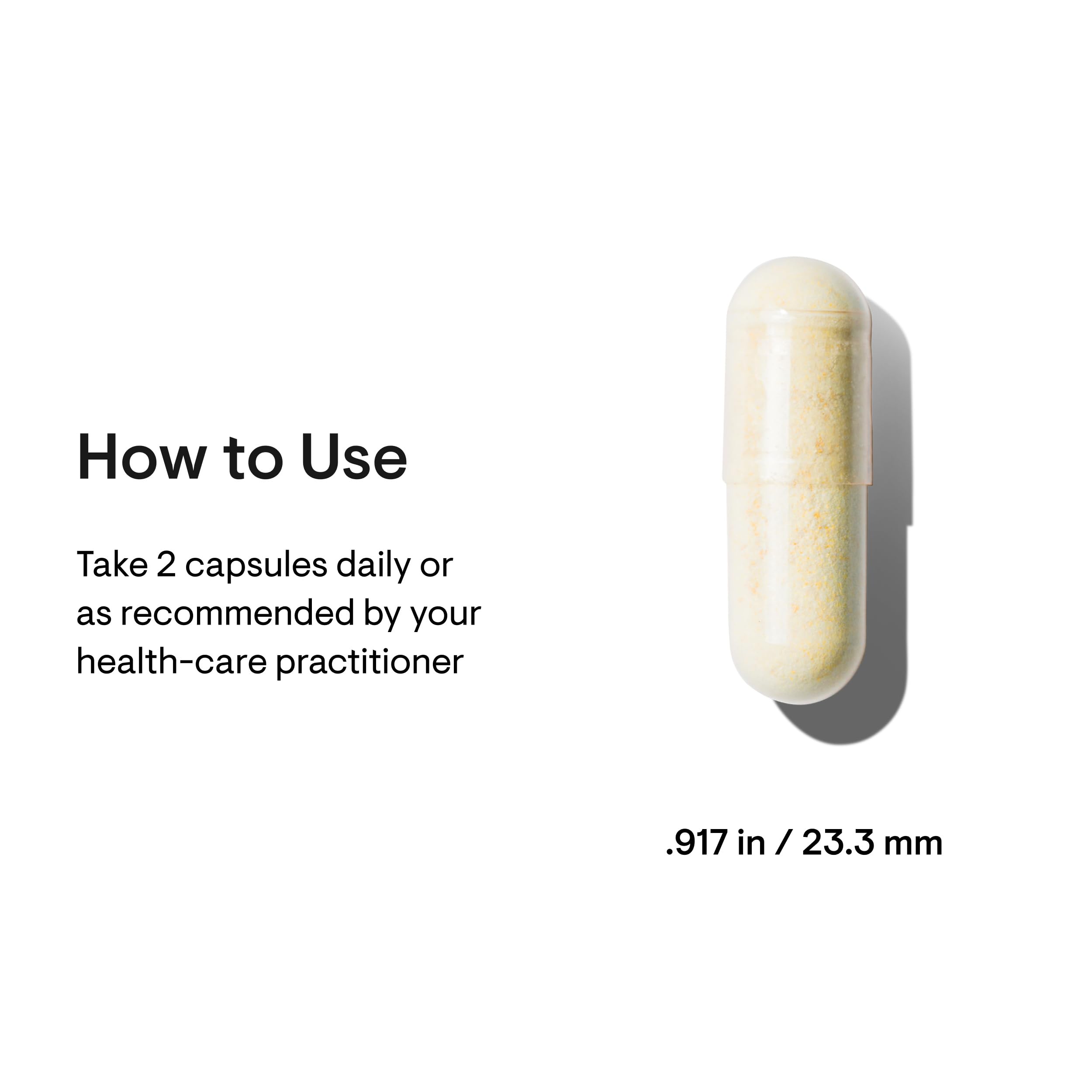 THORNE ResveraCel nicotinamide riboside supplement beige capsule with dosing instructions take two capsules daily 23.3 mm