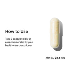THORNE ResveraCel nicotinamide riboside supplement beige capsule with dosing instructions take two capsules daily 23.3 mm