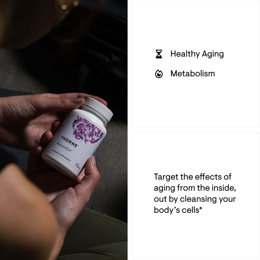 Hands holding THORNE ResveraCel nicotinamide riboside supplement bottle with healthy aging and metabolism text
