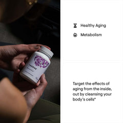 Hands holding THORNE ResveraCel nicotinamide riboside supplement bottle with healthy aging and metabolism text