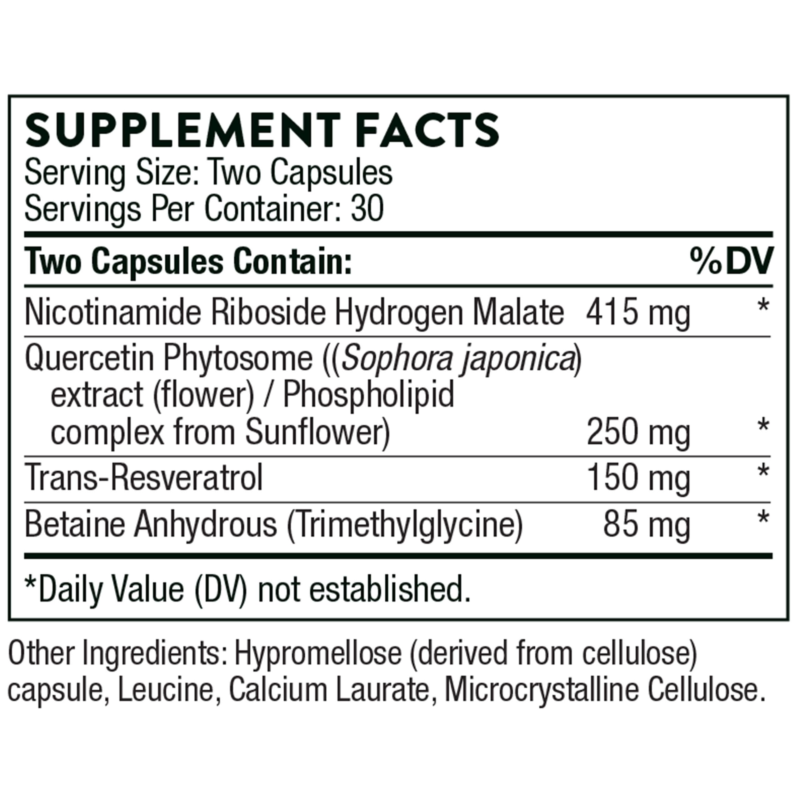 THORNE ResveraCel nicotinamide riboside supplement label showing Supplement Facts and ingredient amounts per two capsules
