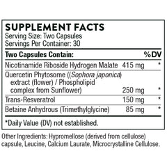 THORNE ResveraCel nicotinamide riboside supplement label showing Supplement Facts and ingredient amounts per two capsules