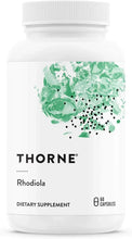 THORNE Rhodiola dietary supplement bottle, 60 capsules, white with green label splash