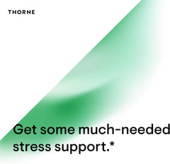 THORNE branding on green gradient with text Get some much needed stress support Rhodiola supplement for stress relief