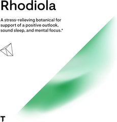 Thorne Rhodiola product label with green gradient and description text including Rhodiola supplement for stress relief.