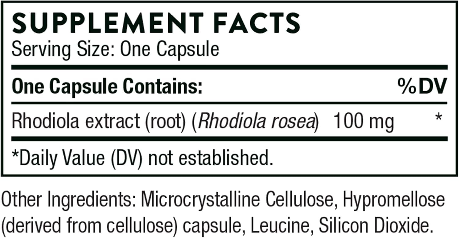 THORNE supplement facts label showing Rhodiola extract 100 mg per capsule and ingredients Rhodiola supplement for stress relief.