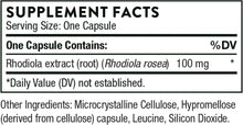Supplement Facts panel for Rhodiola extract 100 mg, serving size one capsule