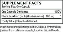THORNE supplement facts label showing Rhodiola extract 100 mg per capsule and ingredients Rhodiola supplement for stress relief.