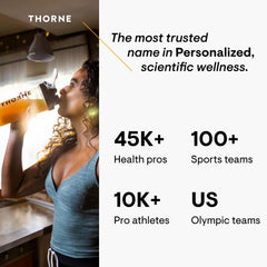 Woman drinking from THORNE shaker bottle next to brand stats and tagline for stomach acid resistant probiotic capsules