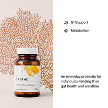 THORNE probiotic supplement bottle with orange coral graphic and product label