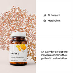 THORNE FloraMend probiotic bottle with capsules on coral backdrop stomach acid resistant probiotic capsules for GI support