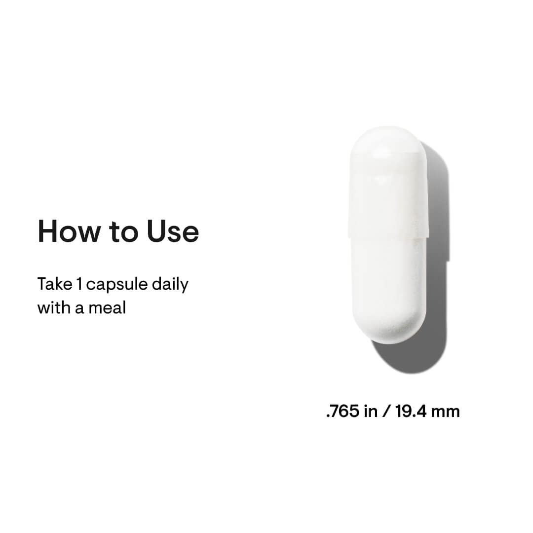 THORNE white capsule image with usage text take one capsule daily with a meal and stomach acid resistant probiotic capsules
