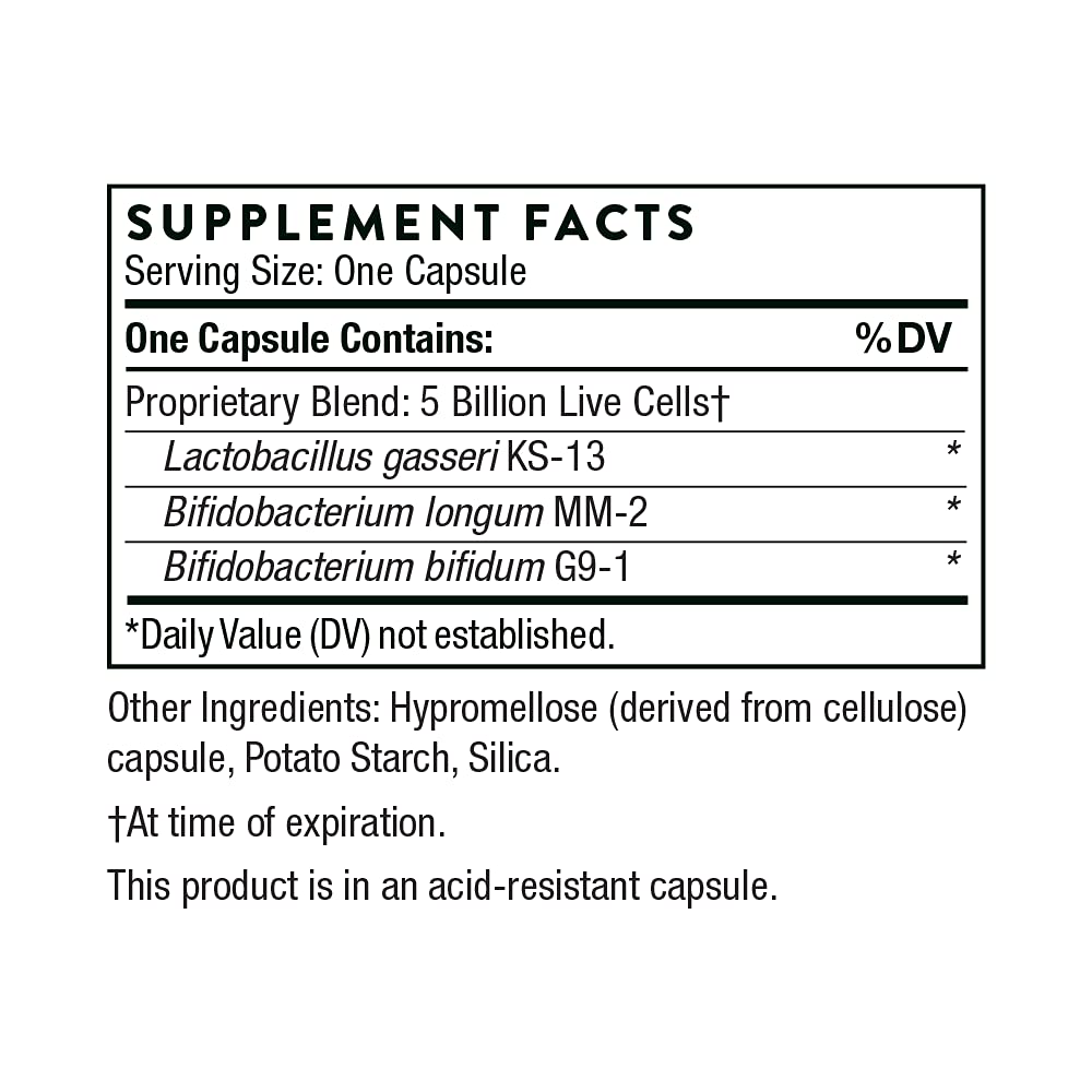THORNE supplement facts label listing probiotic strains and stomach acid resistant probiotic capsules in hypromellose capsule