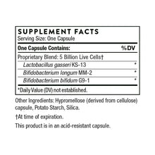 Supplement facts panel listing one-capsule serving and probiotic strains