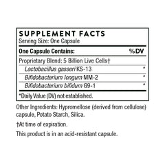 THORNE supplement facts label listing probiotic strains and stomach acid resistant probiotic capsules in hypromellose capsule