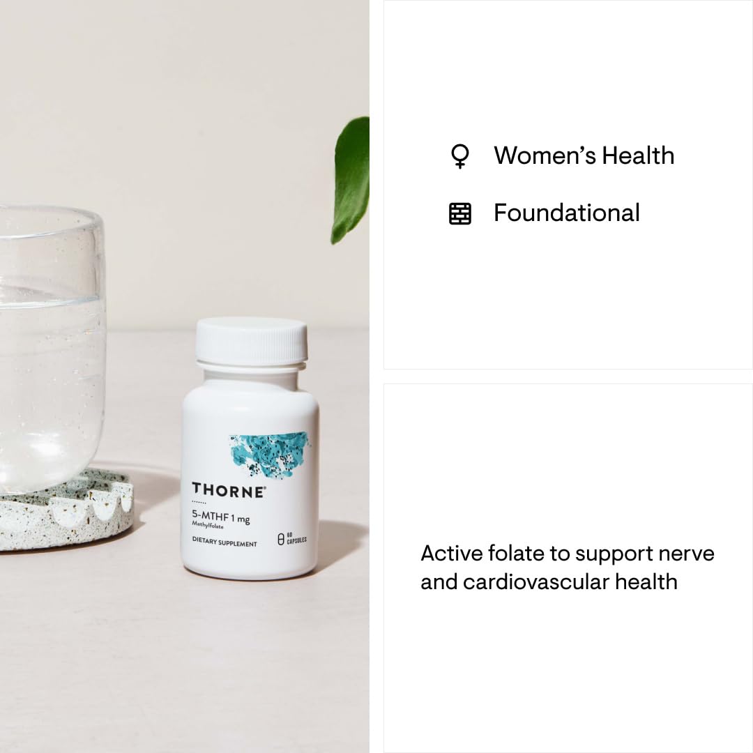 Thorne 5-MTHF 1mg benefits shown on bottle of THORNE folate supplement next to glass of water and leaf