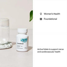 THORNE folate supplement bottle on tabletop with blue label