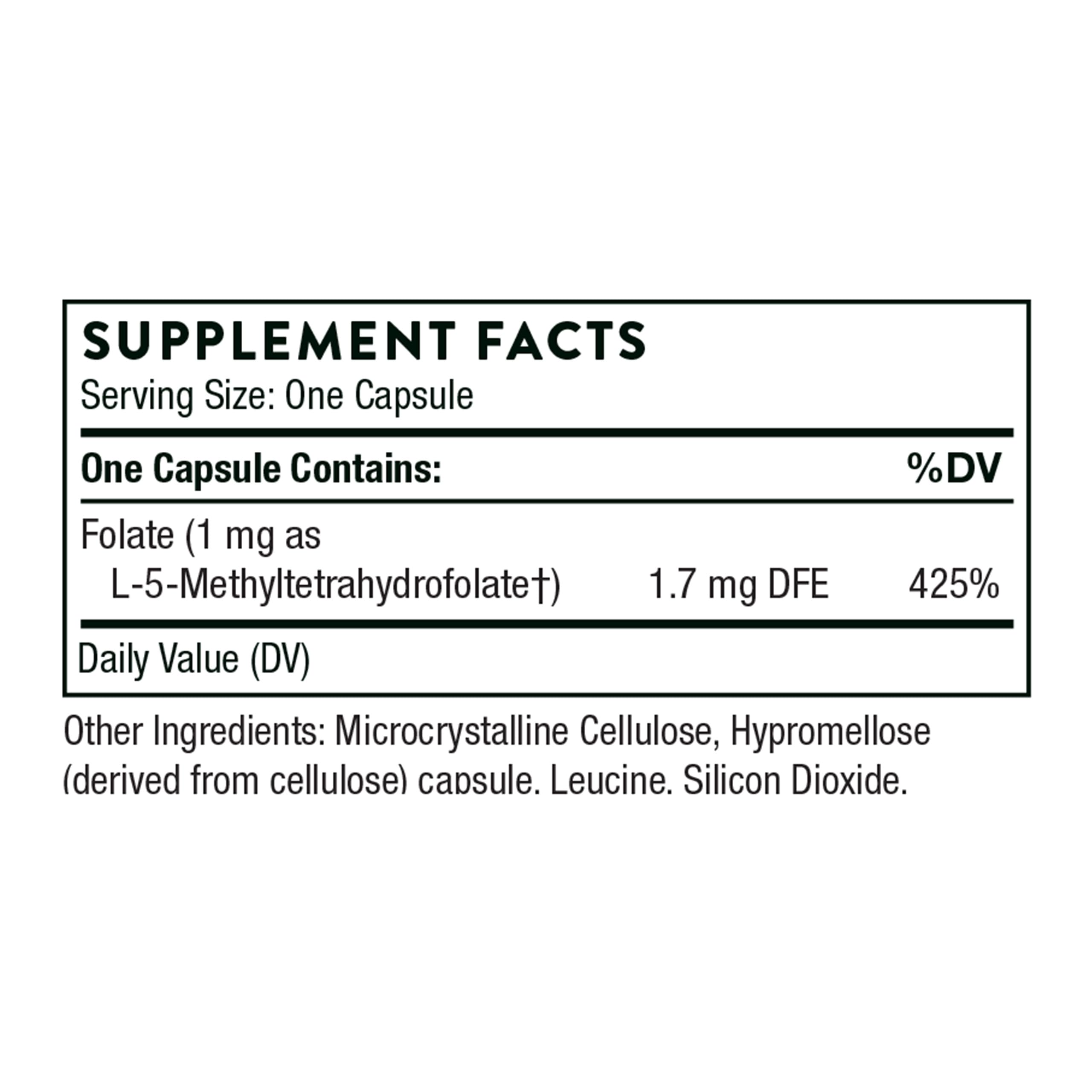 THORNE supplement facts label showing folate L-5-MTHF 1 mg 1.7 mg DFE 425 Daily Value and ingredients Thorne 5-MTHF 1mg benefits