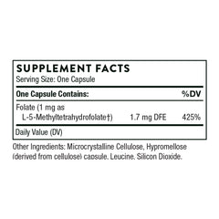 THORNE supplement facts label showing folate L-5-MTHF 1 mg 1.7 mg DFE 425 Daily Value and ingredients Thorne 5-MTHF 1mg benefits