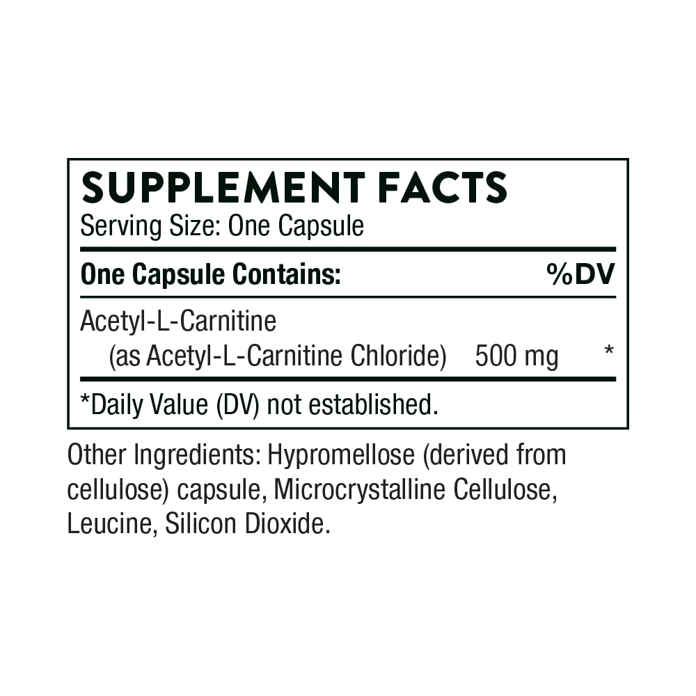 THORNE supplement facts label showing Acetyl L Carnitine 500 mg capsule ingredients Thorne acetyl l carnitine 500mg buy online