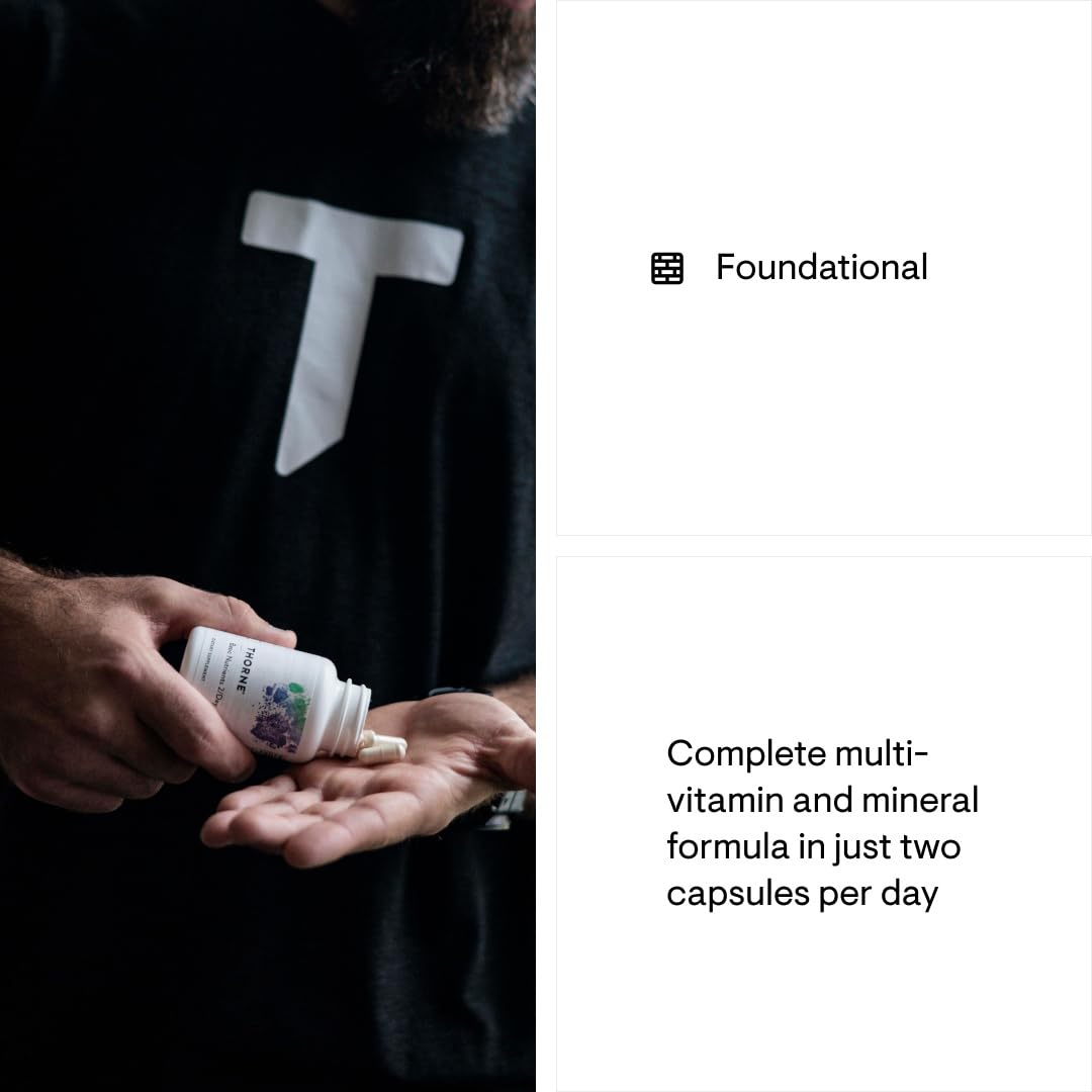Bearded person pouring Thorne Basic Nutrients 2/Day multivitamin capsules from white bottle into palm with Foundational panel