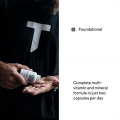 Bearded person pouring Thorne Basic Nutrients 2/Day multivitamin capsules from white bottle into palm with Foundational panel